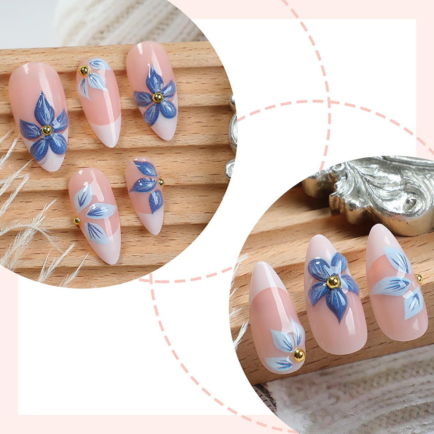 HOSAILY 3D Flower Press on Nails Medium Almond, Natural Nude Blue White French Tip Daily Press ons for Women, 24pcs Glossy Pretty Reusable Semi-Homemade Soft Gel Full Cover Stick on Fake Acrylic Nail