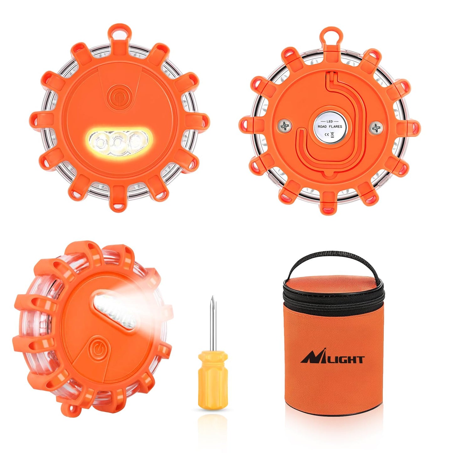Nilight LED Road Flares Emergency Lights 3 Pack,9 Flash Models Roadside Emergency Lights for Vehicles with Magnetic Base & Hook,Premium Storage Bag(Batteries Not Included)