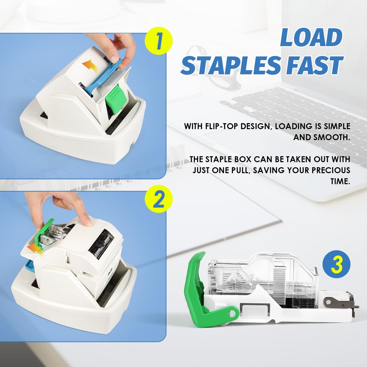 Frifreego Heavy Duty Electric Stapler, 70 Sheets 60g Paper Capacity, Automatic Flat-Clinch Stapler, Quiet and Anti-Jam for Office/School, with 5500 Staples