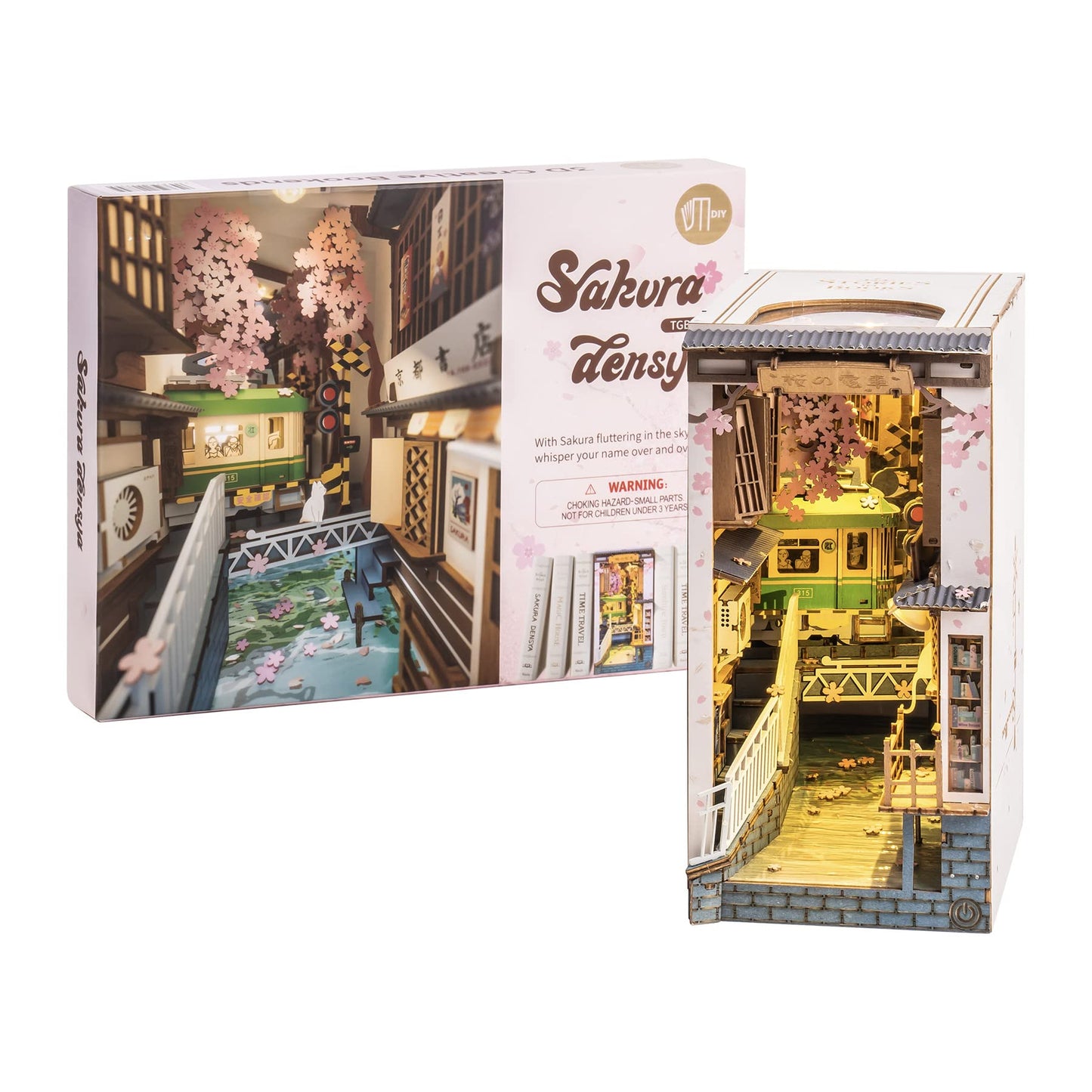 ROBOTIME DIY Book Nook Kit DIY Miniature Dollhouse Booknook Kit 3D Wooden Puzzle with LED Light,Decorative Bookend Bookshelf Insert Decor for Teens and Adults (Sakura Tram)