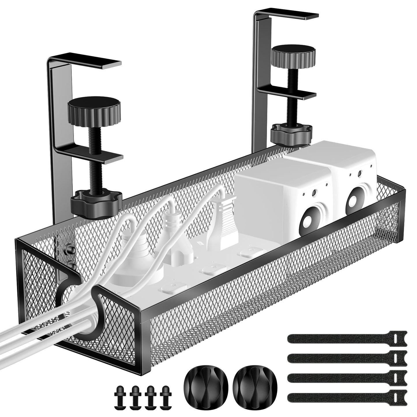 Under Desk Cable Management Tray Black, No Drill Desk Cable Wire Management Organizer with Clamp, PC Cord Organizer Accessories & Workspace for Office, Home