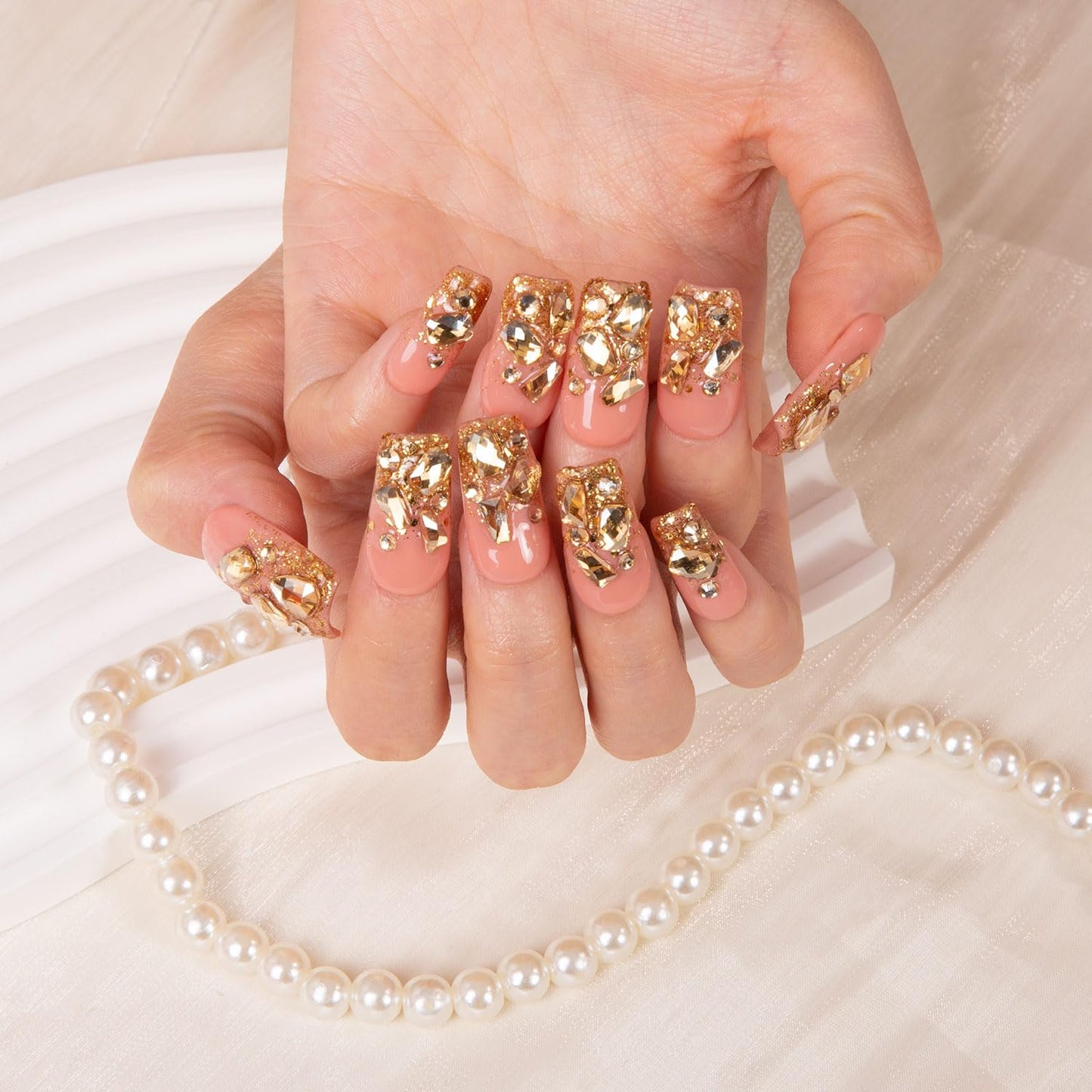 LOVFUL Press on Nails Stardust Gold| Handmade with Full Covered Crystals | Reusable Fake Nails | Square Regular 1.0 in | H84-S