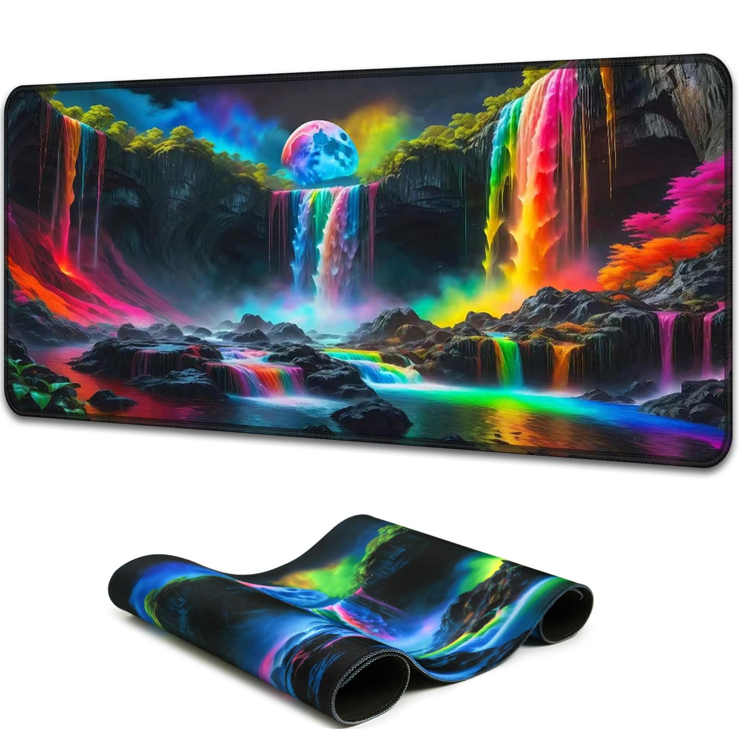 Simpkeely Large Fantasy Waterfall Gaming Mouse Pad - Blacklight Waterproof Glowing Desk Mat, 31.5" x 11.8" Extended Non-Slip Rubber Base for Office & Home