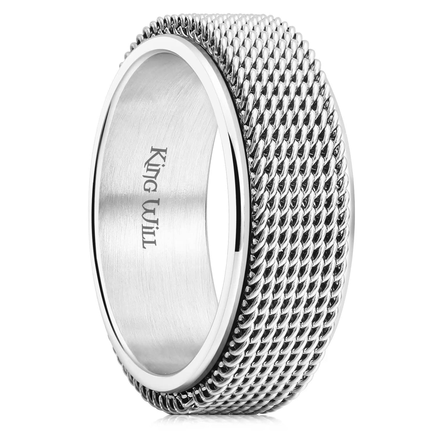 King Will Silver 8mm Spinner Chain Stainless Steel Anxiety Ring for Women Men Wedding Band Fidget Ring Woven Mesh 11