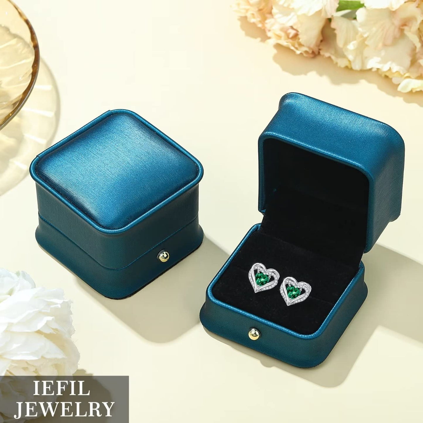 Iefil Earrings for Women, 925 Sterling Silver October Birthstone Sapphire Heart Stud Earrings for Women