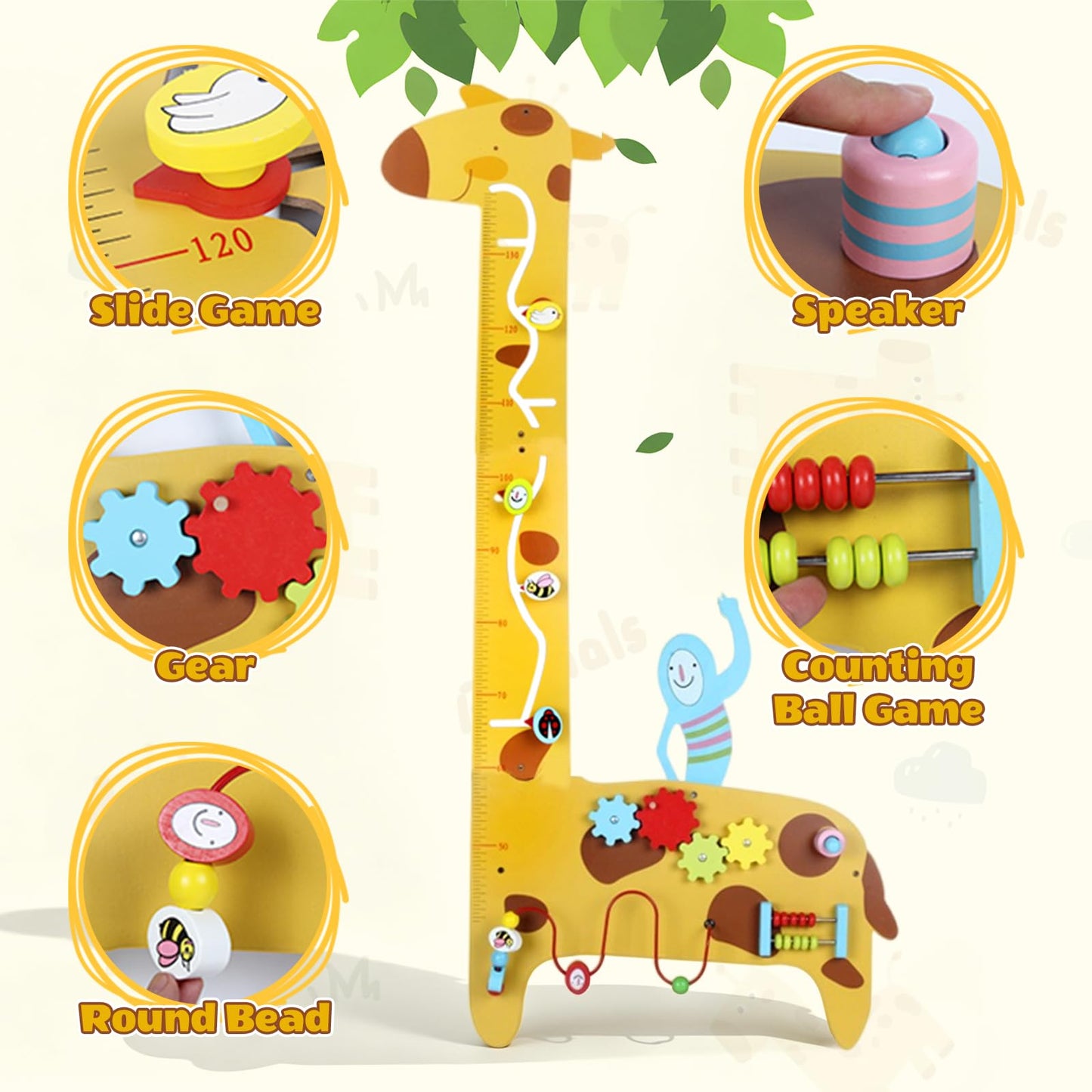 BROWNROOT Wooden Giraffe Growth Chart, Montessori Height Ruler with 5-in-1 Sensory Activities, Measuring Wall Toy for Kids 3-6, Bead Maze, Gears, Slide, Squeaker & Abacus, Educational Learning Gift