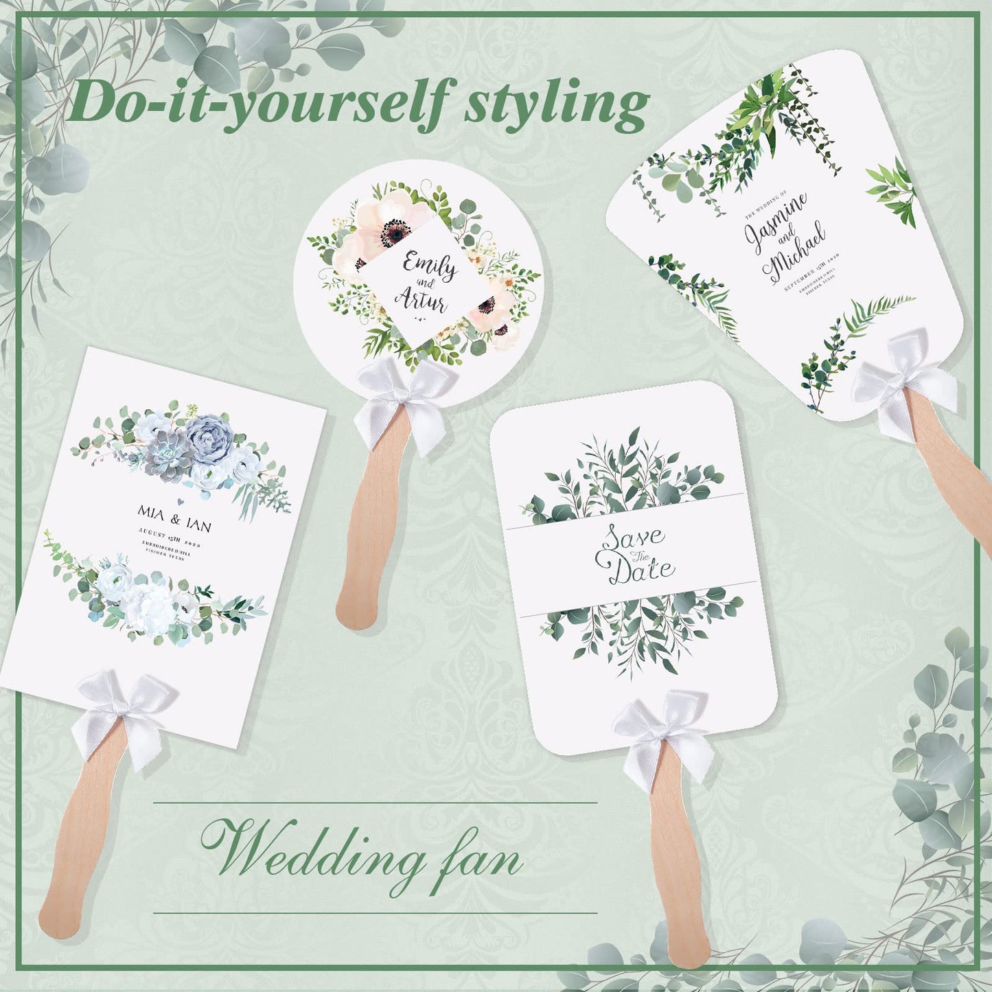 TaoBary 50 Set Church Fan Handheld Set Wedding Fans for Guest Bulk, Personalized Custom Fans Kit with Wavy Wooden Sticks Blank Cardstock White Bows & Tapecustom
