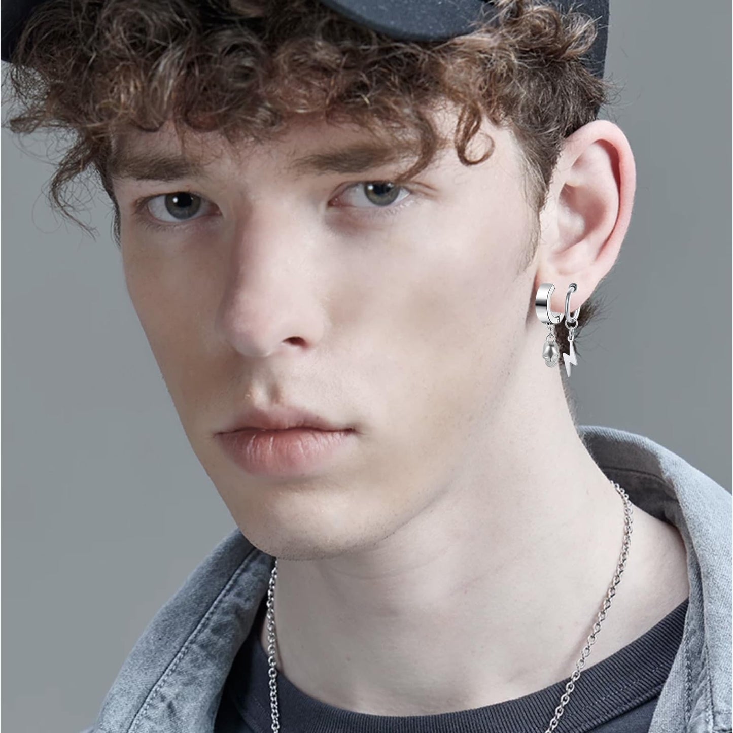 14 Pcs Silver Gothic Viking Non Pierced Cross Sword Spike Awl Peace Dangle Chain Clip on Hoop Earrings Set for Unisex Fake Piercing CZ Earrings