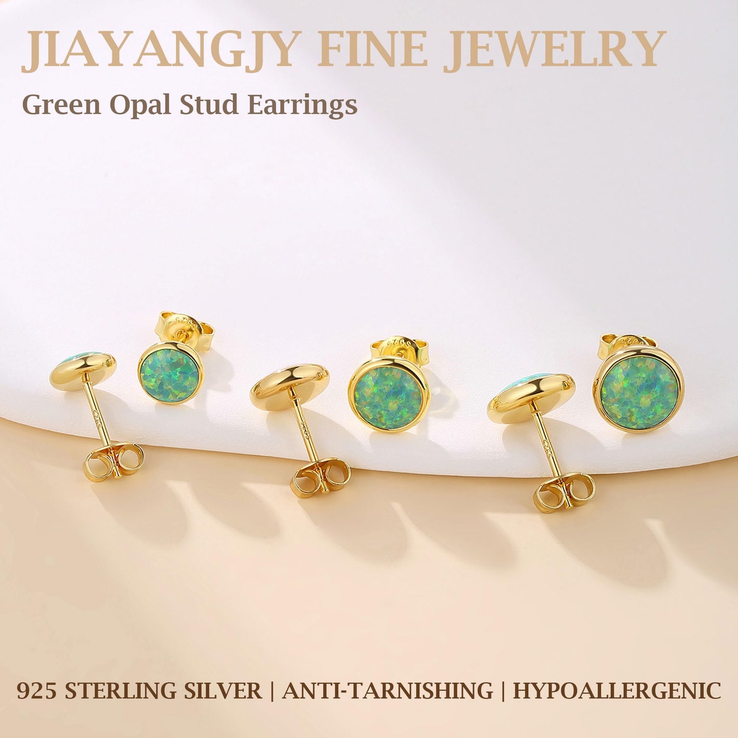 JiayangJY Silver Green Fire Opal Stud Earrings for Women 18K Yellow Gold Plated Sterling Silver Round Shape 7mm Opal Earrings with Push Back