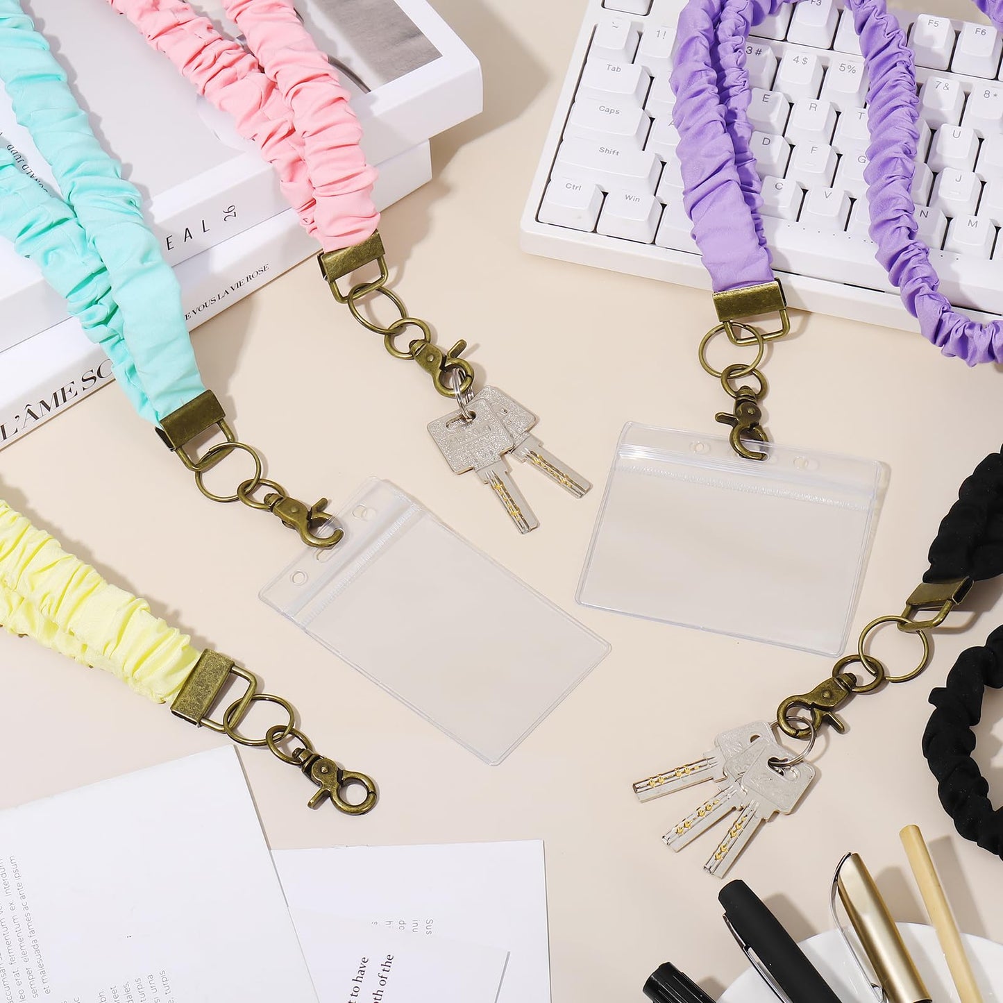 Coiris 5 Pairs Teacher Scrunchie Lanyard with Id Holder Mood Weekly Styles for Id Badges Cute Keys Stretchy Retractable Neck Colorful Breakaway Lanyard for School