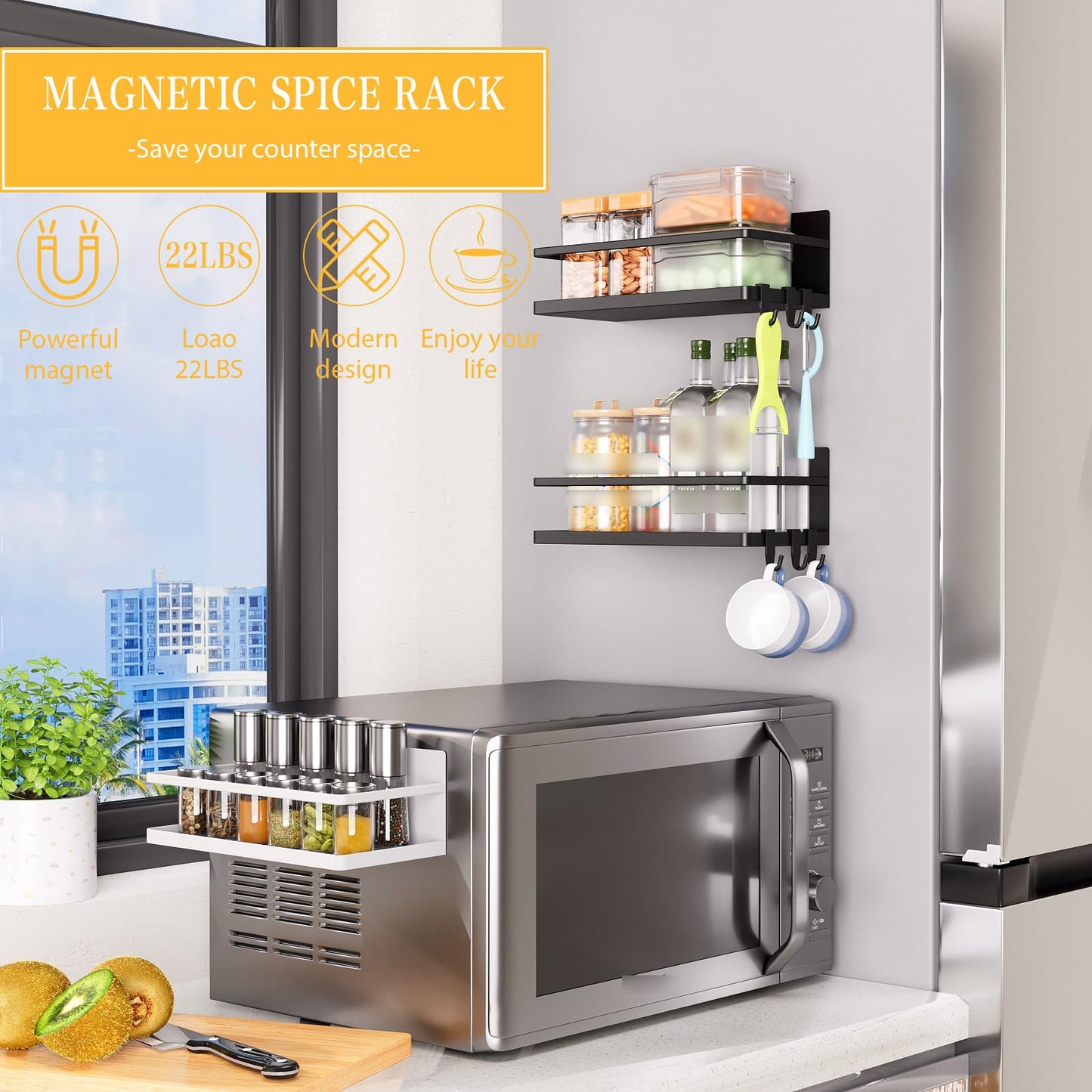 KMUZAWN Magnetic Spice Rack for Refrigerator, 2 Pack Magnetic Shelf, Fridge Magnet Organizer with Moveable 6 Hooks, Magnetic Fridge Shelf for Kitchen Organization and Storage(Black, 2 Pack)