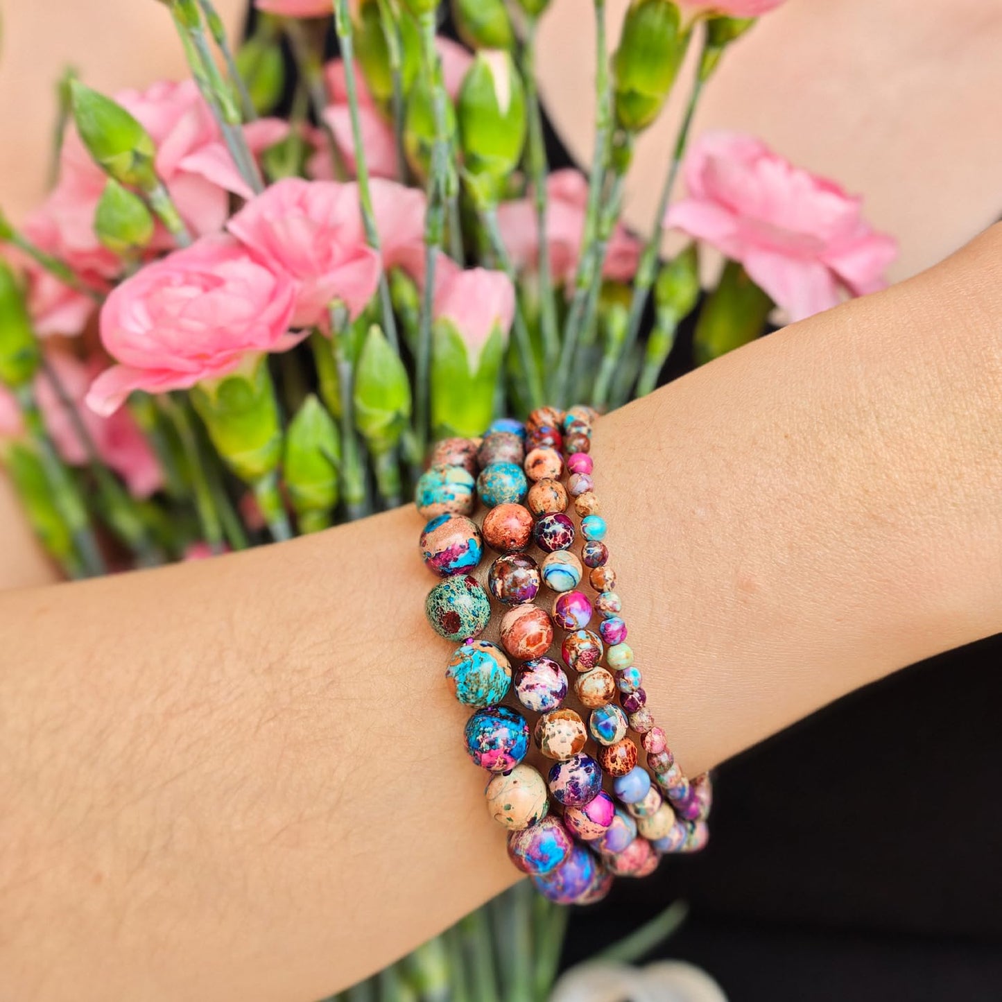 Handmade Natural Gemstone Elastic Bracelet - Healing Crystal Beads Jewelry, Unisex (Imperial Jasper, 8mm)