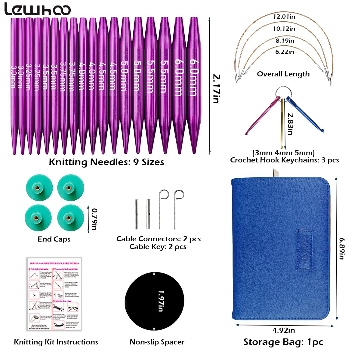 Lewhoo Circular Knitting Needles Set with 4 Cables, 9 Pair Short Aluminum Knitting Needle with Case 3.0~6.0mm Purple