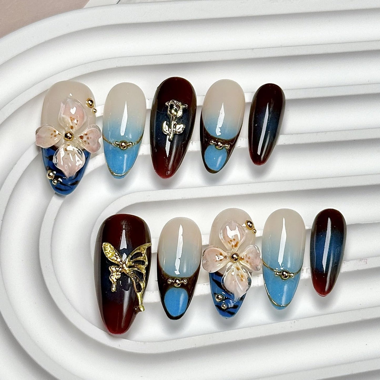 Luxury Press on Nails Medium Almond Handmade 3D Unique Reusable ABS Material French Tip Fake Nails Ombre False Nails with Flower Butterfly Gold Bead Designs Glossy Glue on Nail Thick Acrylic Nail(M)