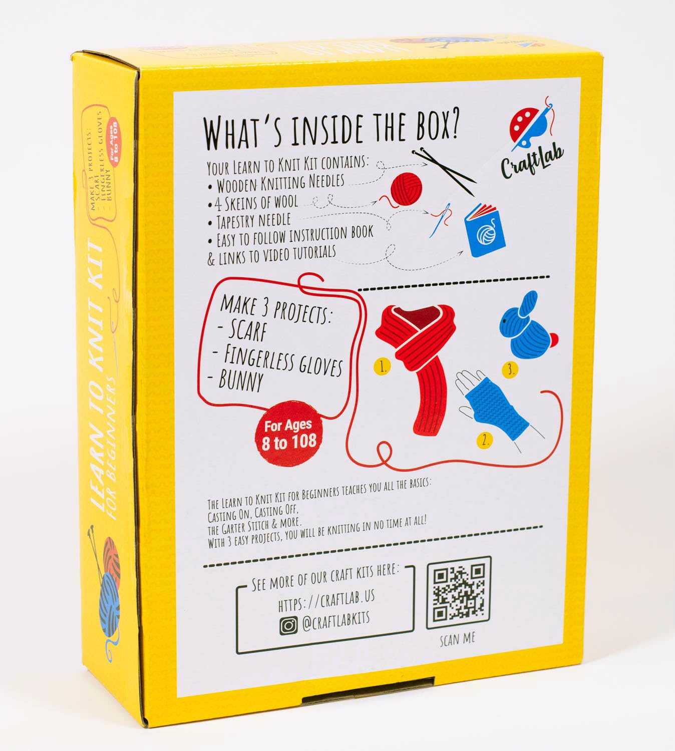 CraftLab Knitting Kit - Beginner Knitting Supplies with Wool Yarn, Needles, Instructions, DIY Gift