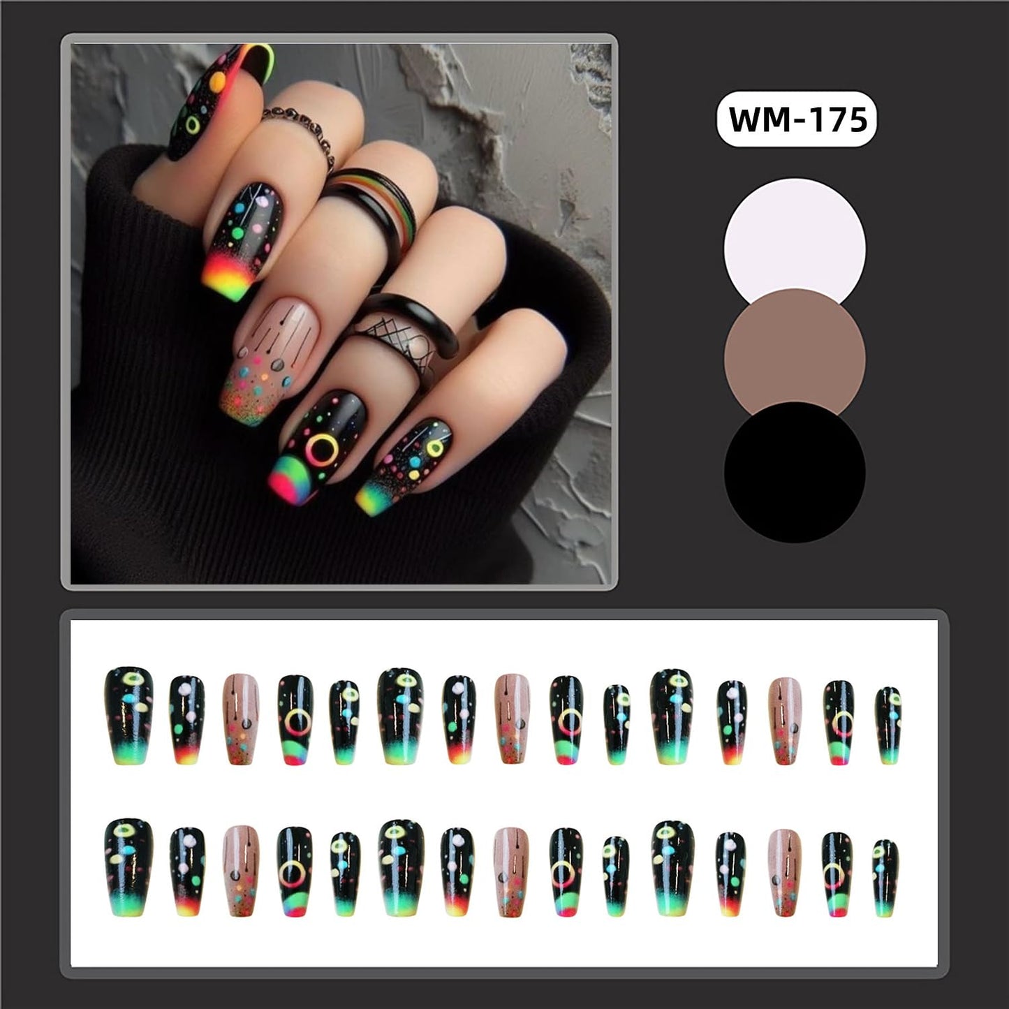 Press on Nails Medium Ballet Shaped Black False Nails Rainbow Gradient Press Nails Colorful Circle Pattern Design Artificial Nails Full Cover Stick on Nails Acrylic Glue on Nails for Women 24Pcs