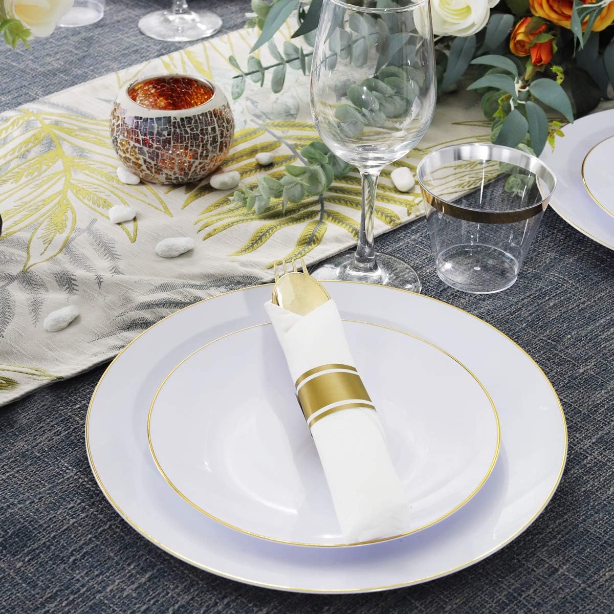 Supernal 60 Pack Pre Rolled Napkins with Gold Plastic Silverware, Premium Disposable Gold Wrapped Cutlery Set Includes: 60 Forks 60 Knives 60 Spoons 60 Napkin for Party