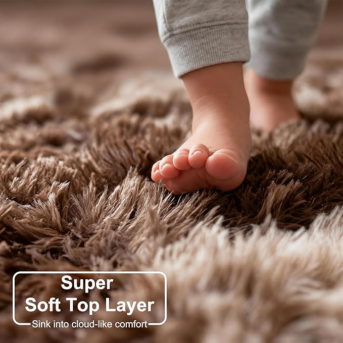 Amdrebio Tie-Dyed Brown Round Circle Rugs 4Ft for Bedroom, Fluffy Shag Plush Area Rugs for Kids Room, Living Room Decor Aesthetic, Fuzzy Fur Throw Floor Carpet for Playroom Preppy Dorm Baby Nursery