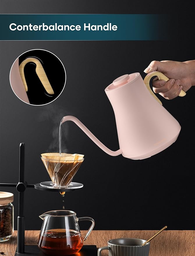 Gooseneck Electric Kettle with ±1℉ Temperature Control for Pour Over Coffee & Tea, Quick Heating, BPA-Free Stainless Steel, Built-in Brew Timer, 1500W/0.9L (Munch Pink)