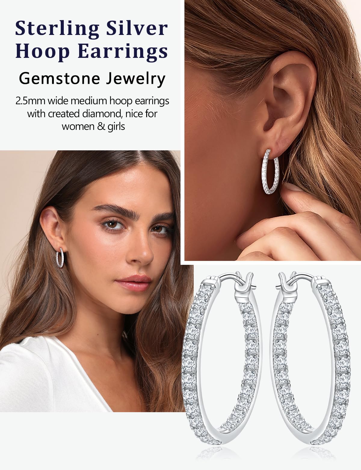 RANDES Sterling Silver Hoop Earrings for Women Cubic Zirconia Hoops 26mm Medium Hoop Earrings CZ Wedding Earring Trendy Jewelry