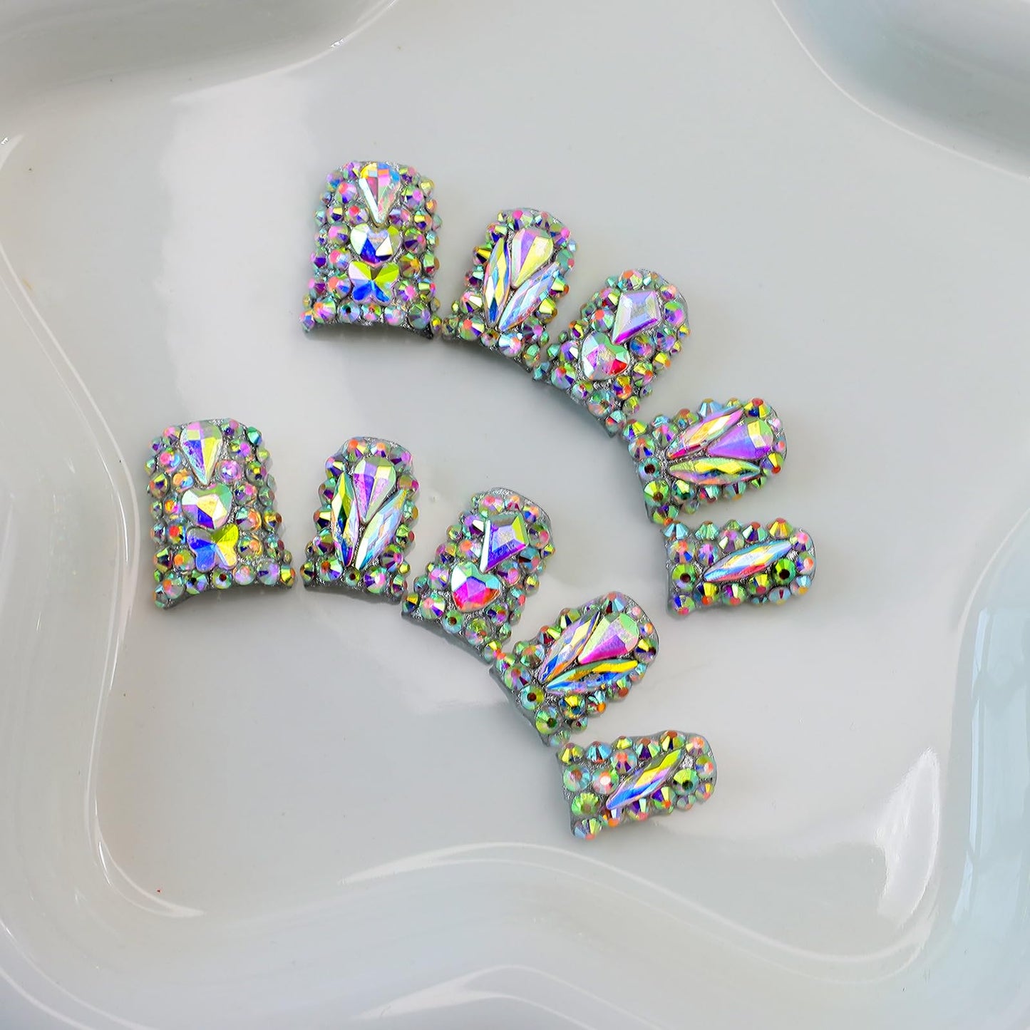 10Pcs Handmade Rhinestone Press on Nails Short Duck Fake Nails with Rhinestone Design Full Cover False Nails Short Hand Made Press on Nails Reusable Stick on Nail Artificial Glue on Nail for Women (S)