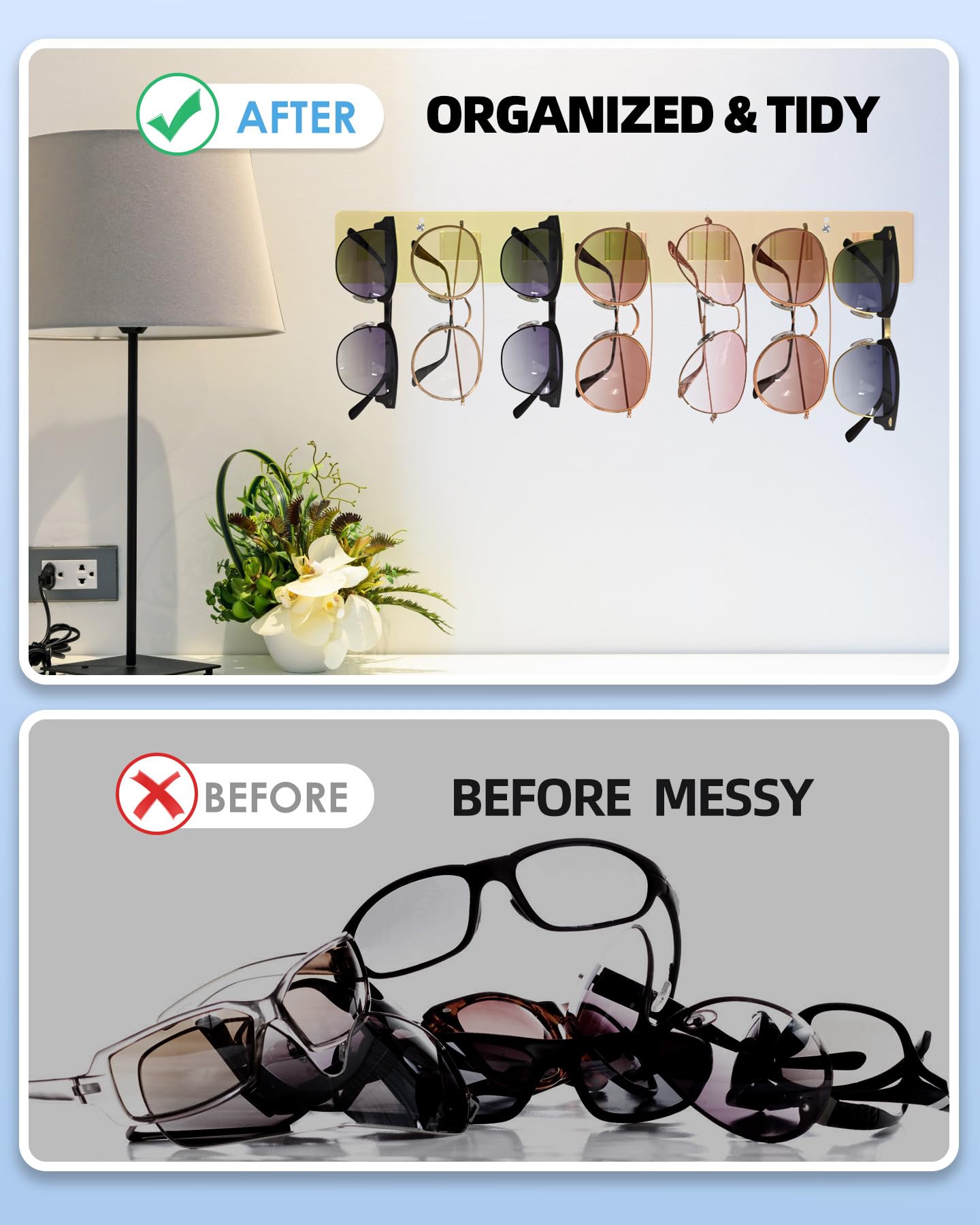 MaxGear Sunglasses Organizer Wall Mount, 2-Pack Acrylic Eyewear Display Holder with 14 Slots, Sunglasses Storage, Includes Adhesive Tape & Screws, Wall Mounted Shelf for Closet, Cabinet, Iridescent