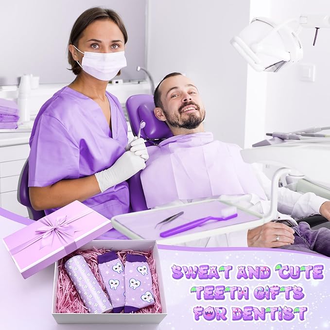 Umigy 2 Pcs Dental Assistant Gifts 2025 Dental Hygienist Appreciation Gifts 20 oz Teeth Print Tumbler with Lid and Sock for Women for Nurse Week Appreciation Dentist Christmas Birthday(Purple)