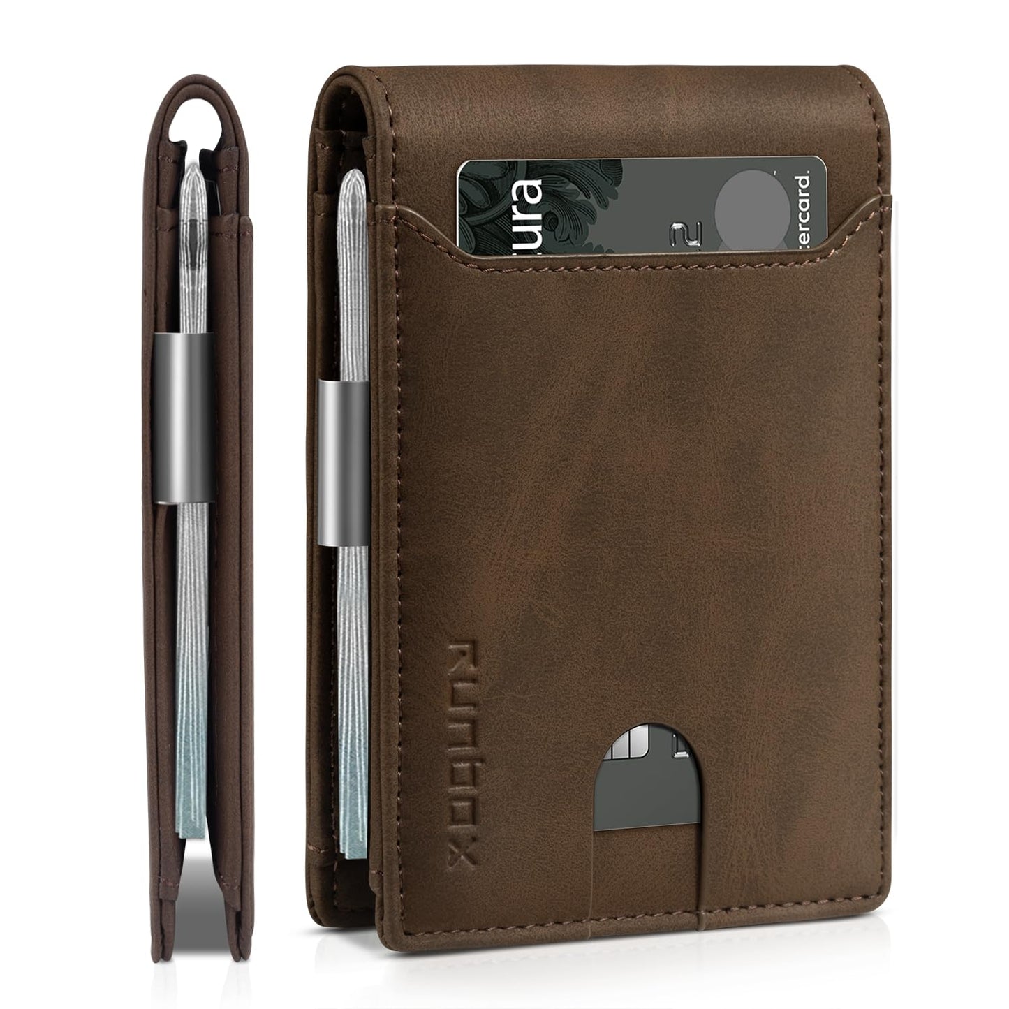 RUNBOX Slim Wallets for Men - Leather Money Clip Mens Wallet - RFID Blocking Front Pocket Bifold Wallet - Thin Credit Card Holder with Gift Box