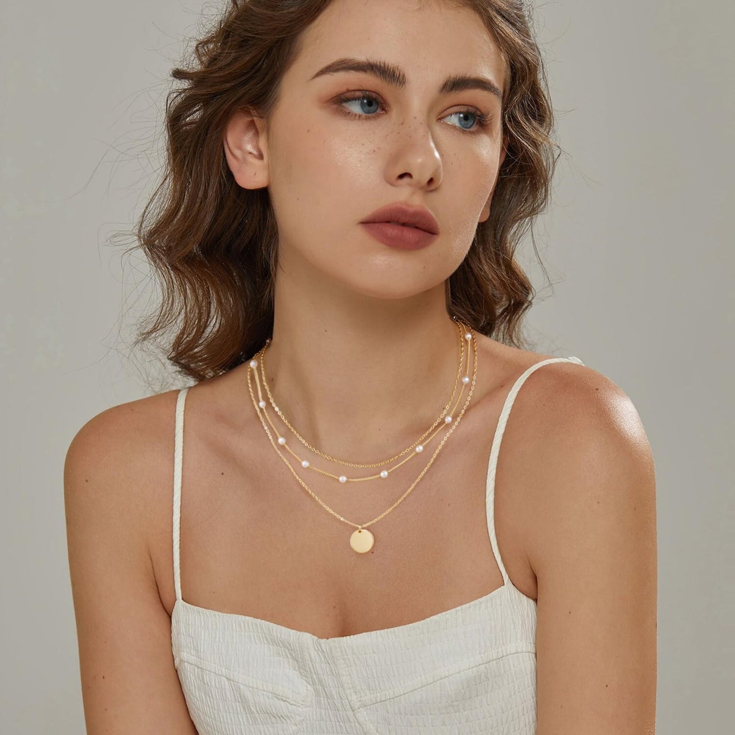 MFRYK Gold Necklaces Stack, 14K Gold Plated Simple Layered Choker Necklaces, Stackable Multilayer Gold Disc Pendant Satellite Pearl Chain Layering Necklaces Set