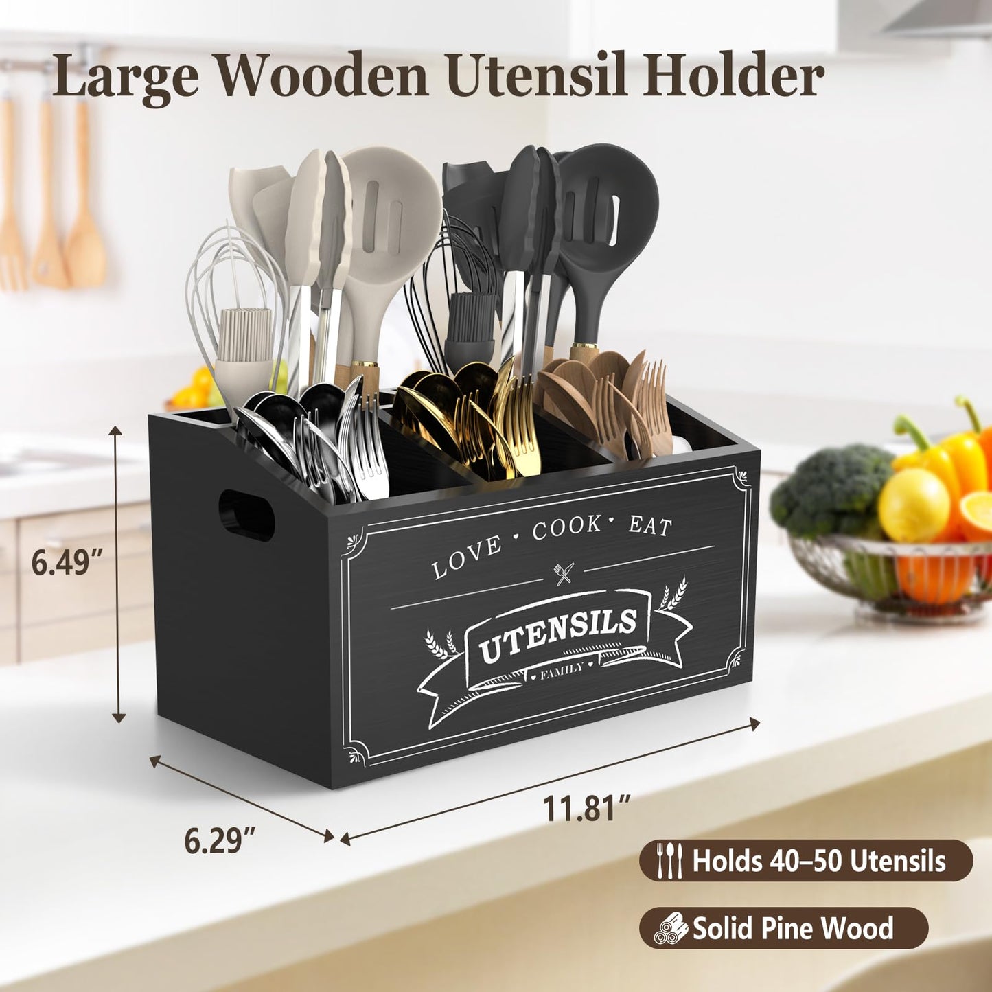 COAZEX Large Kitchen Utensil Holder with 5 Compartments, Wooden Cooking Utensil Holder for Countertop or Wall Mount, Rustic Farmhouse Utensil Caddy for Silverware, Forks, Spoons, and Spatulas (Black)