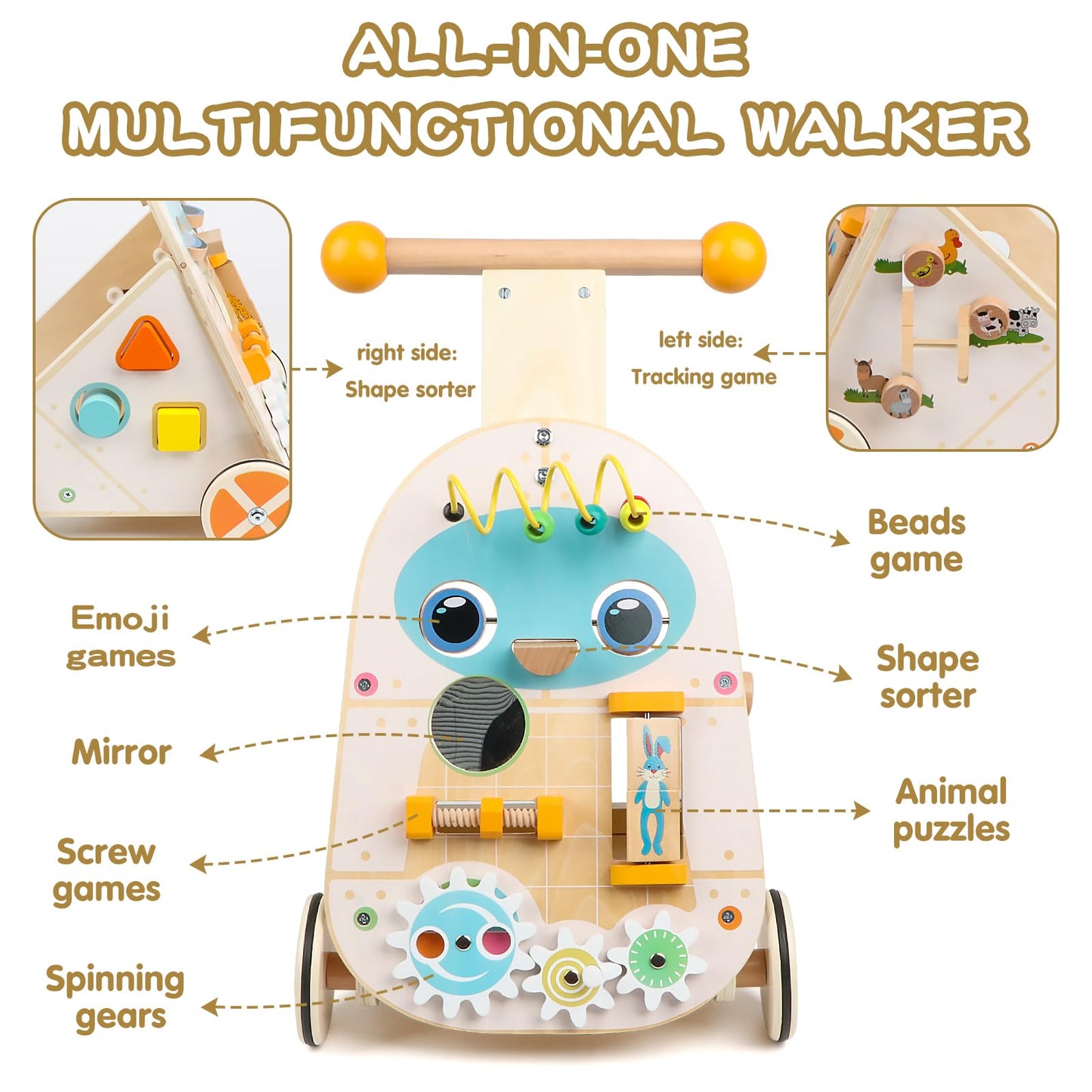 Canuan Wooden Baby Walker, Adjustable Speed Push and Pull Learning Activity Walker, Toddler Push Walker Activity Center Toys with 7 Educational Activities for Boys Girls 1 2 3 Year Old