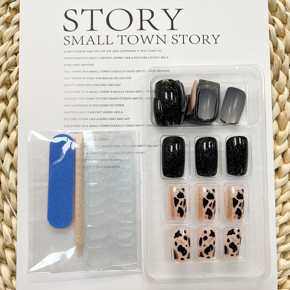 Black Press on Nails Short Square Fake Nails Full Cover False Nails with Gel Glossy Glue on Nails Cute Acrylic Stick on Nails Reusable Artificial Nails for Women Manicure 24 Pcs