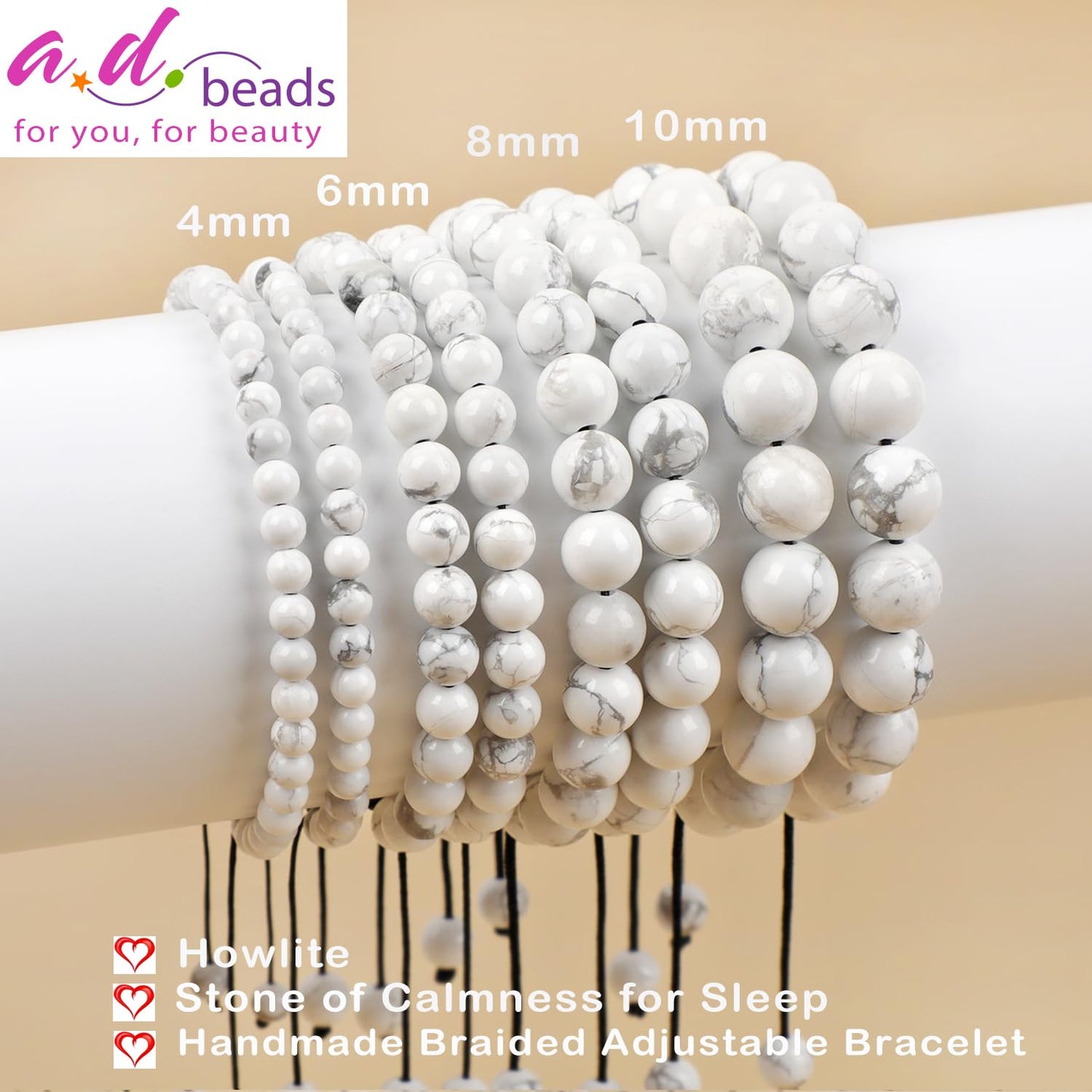 AD Beads 4mm Howlite - Calmness for Sleep - Handmade Natural Stone Crystal Bracelet with Adjustable Macrame String - Yoga Healing Power Energy Gifts for Men and Women