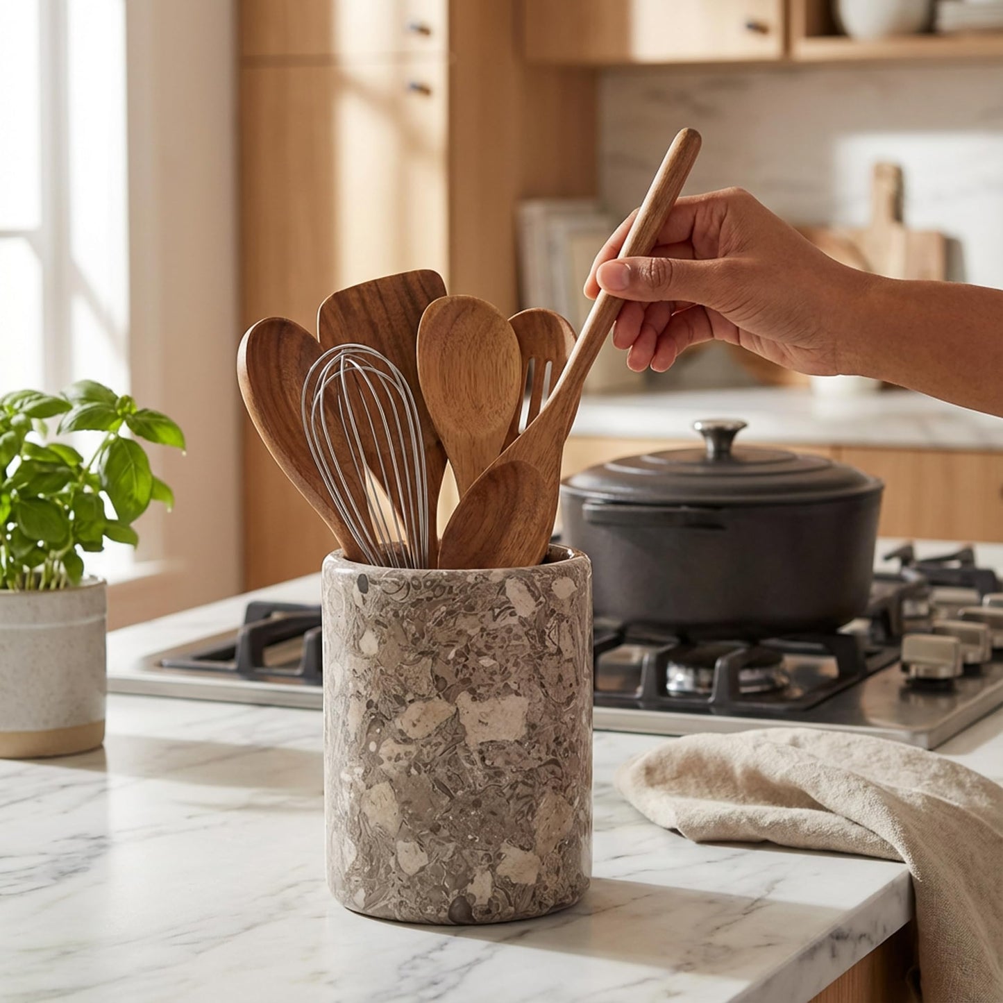 Radicaln Marble Utensil Holder 6.5" Inches Oceanic Handmade Spatula Set for Kitchen Counter, Marble Cooking Utensils Jar & Kitchen Essentials Organizer, Ideal Utensil Caddy, Spoon Holder