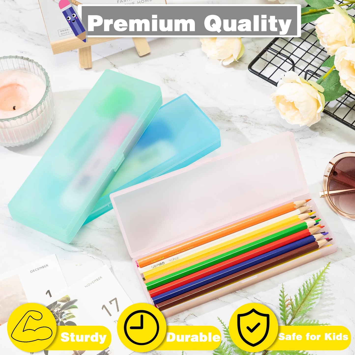 Fainne 36 Pcs Plastic Pencil Case Bulk Plastic Pencil Boxes Frosted Pens Holder with Hinged Lid and Snap Closure for Stationery Organizer School Office(White Pink Blue Green)
