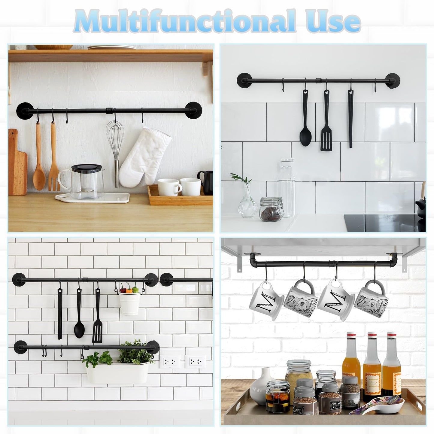 Boshangjia 24 inch Pot Rack Wall Mounted Pot Hangers for Kitchen, Detachable Storage Organizer, Industrial Pipe Lids Utensils Hanging Rail Iron Holder with 6 S Hooks, Black