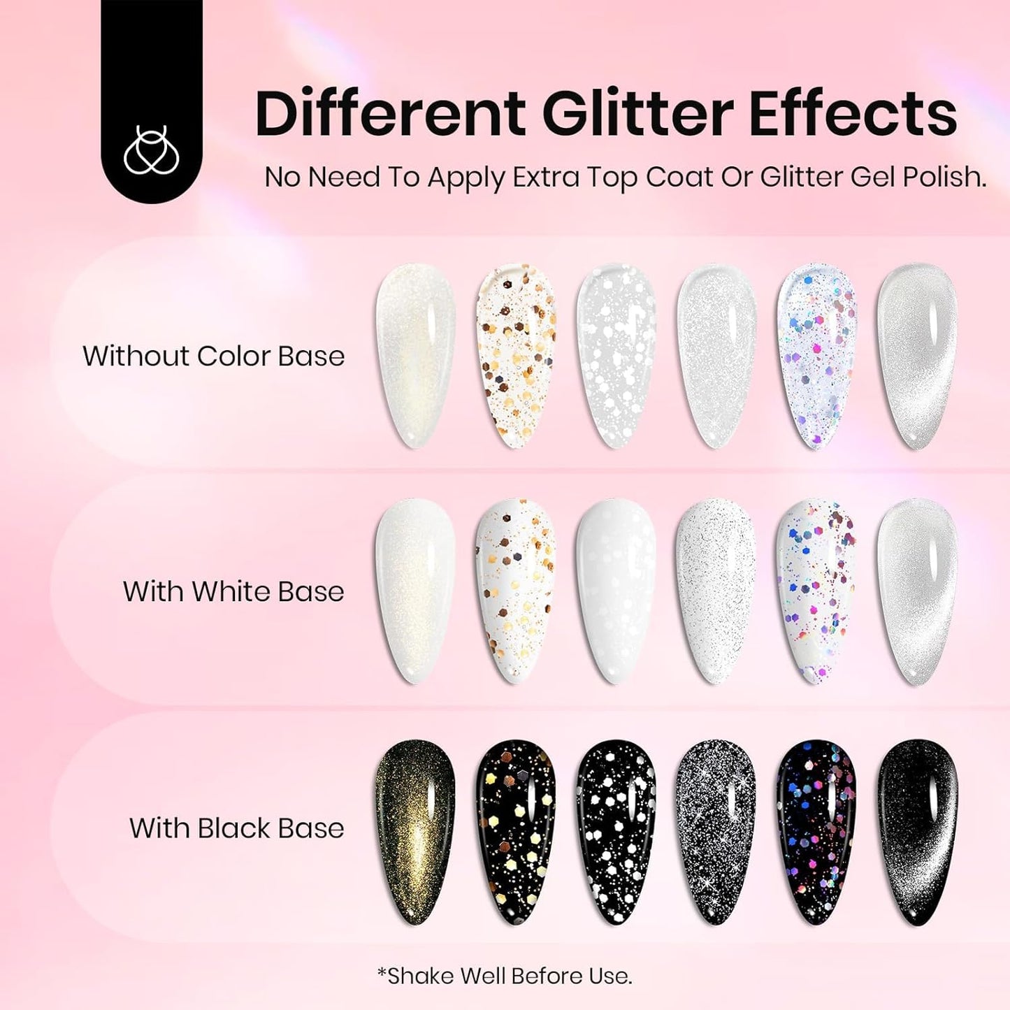 Beetles Glitter Gel Top Coat 8Pcs Holographic Glitter Gel Nail Polish Top Coat Cat Eye No Wipe Glossy Sparkly Finish Long Lasting Soak Off U V LED Salon DIY Gift for Women Girls