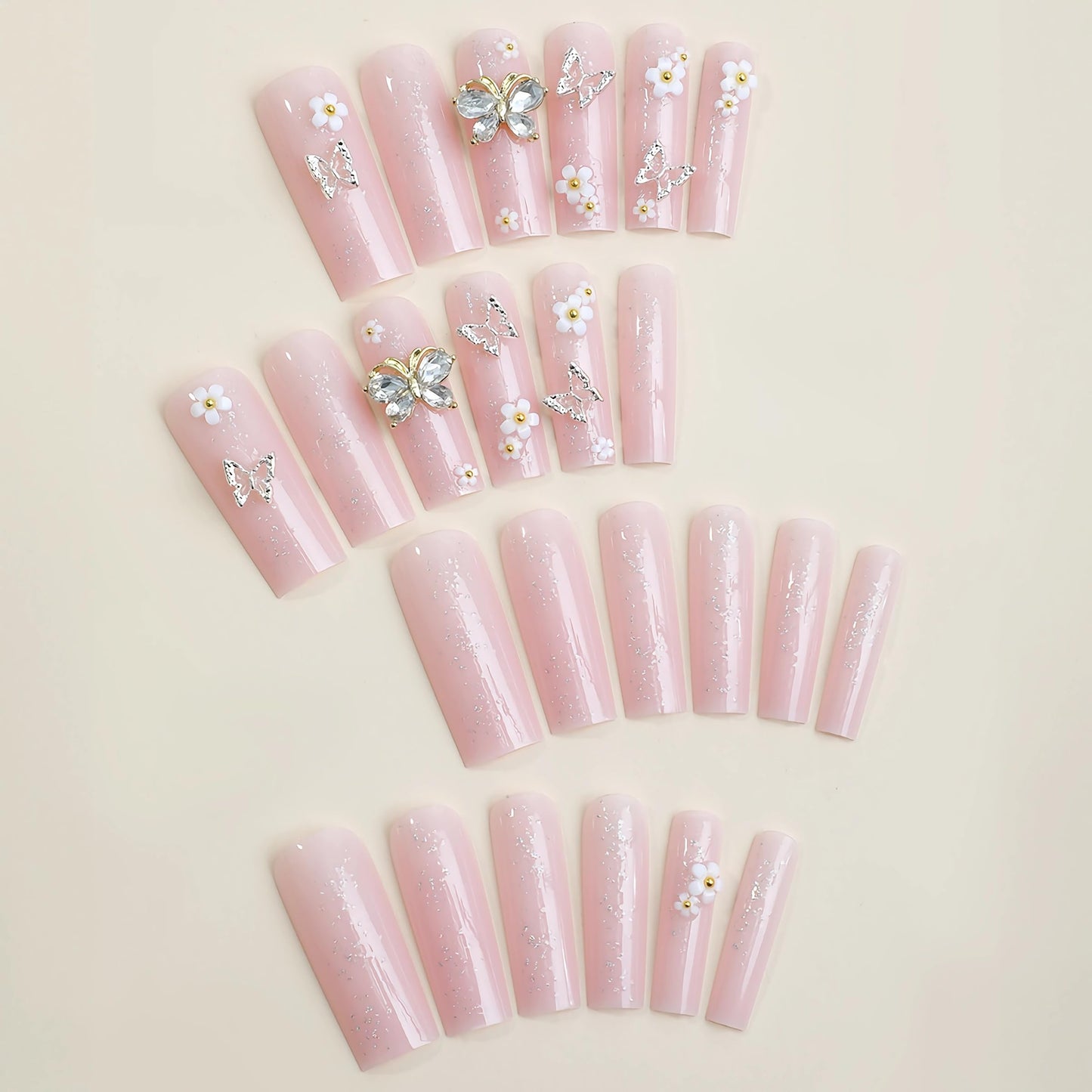 BABALAL Long Square Press on Nails - Pink Acrylic Glue on Nails with 3D Butterfly Flower Charms, Glitter Manicure Artificial False Nails for Women & Girls 24pcs