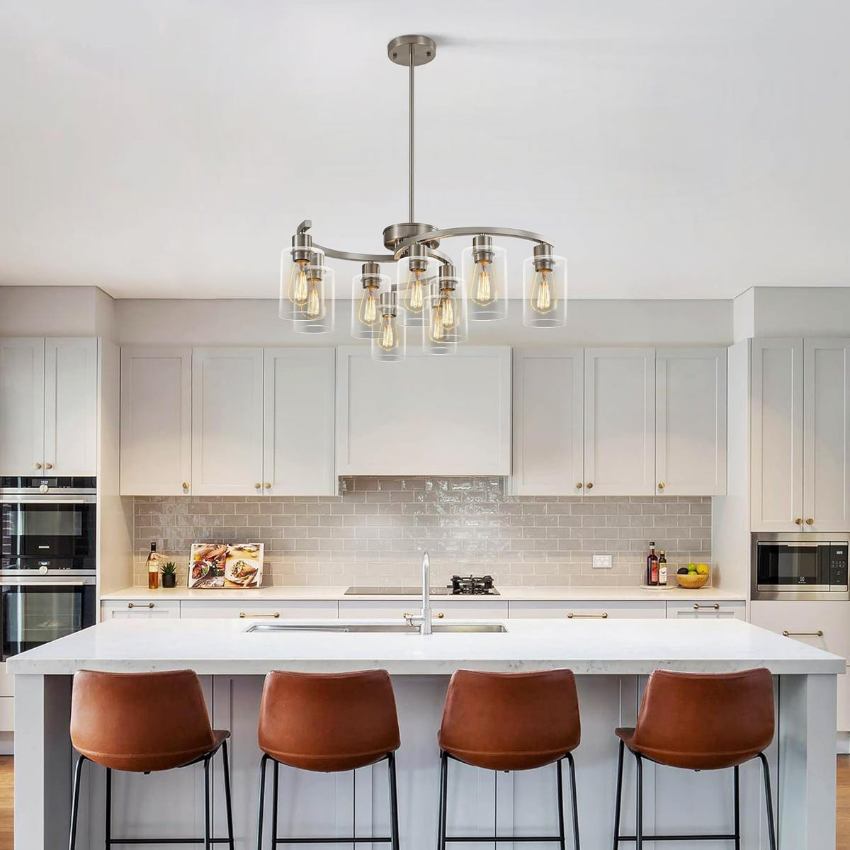 9-Light Brushed Nickel Glass Chandelier, Adjustable Height Hanging Industrial Dining Room Chandelier Over Table, Modern Farmhouse Chandelier for Kitchen Island Living Room Entryway Bedroom