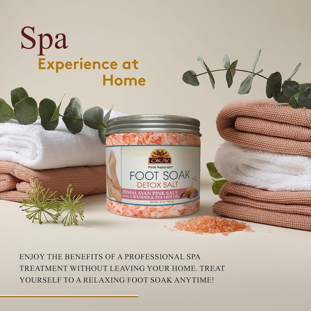 OKAY Foot Soak Detox Salt - Foot Soaking Salts for Dry Cracked Feet with Tea Tree Oil and Lavender Oil, Foot Bath, Pedicure Soak, Great for Men and Women, Athletes - 20 oz (Pack of 1)