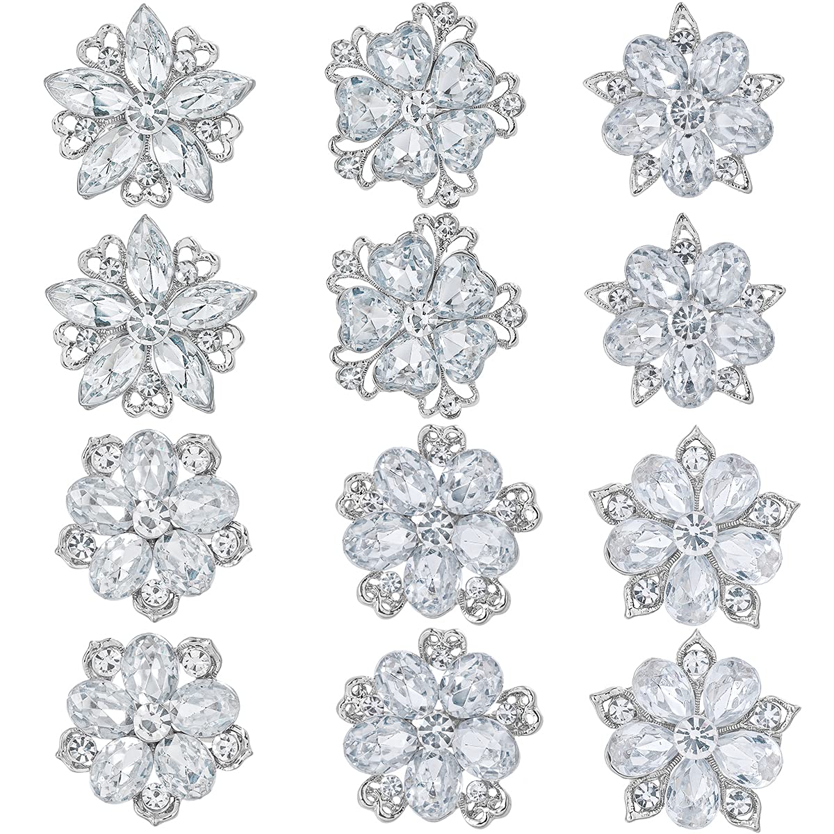 MEEDOZ Women's Lot 12pcs Crystal Rhinestone Marquise Teardrop Flower Brooch Pin Set For Wedding (Silver)