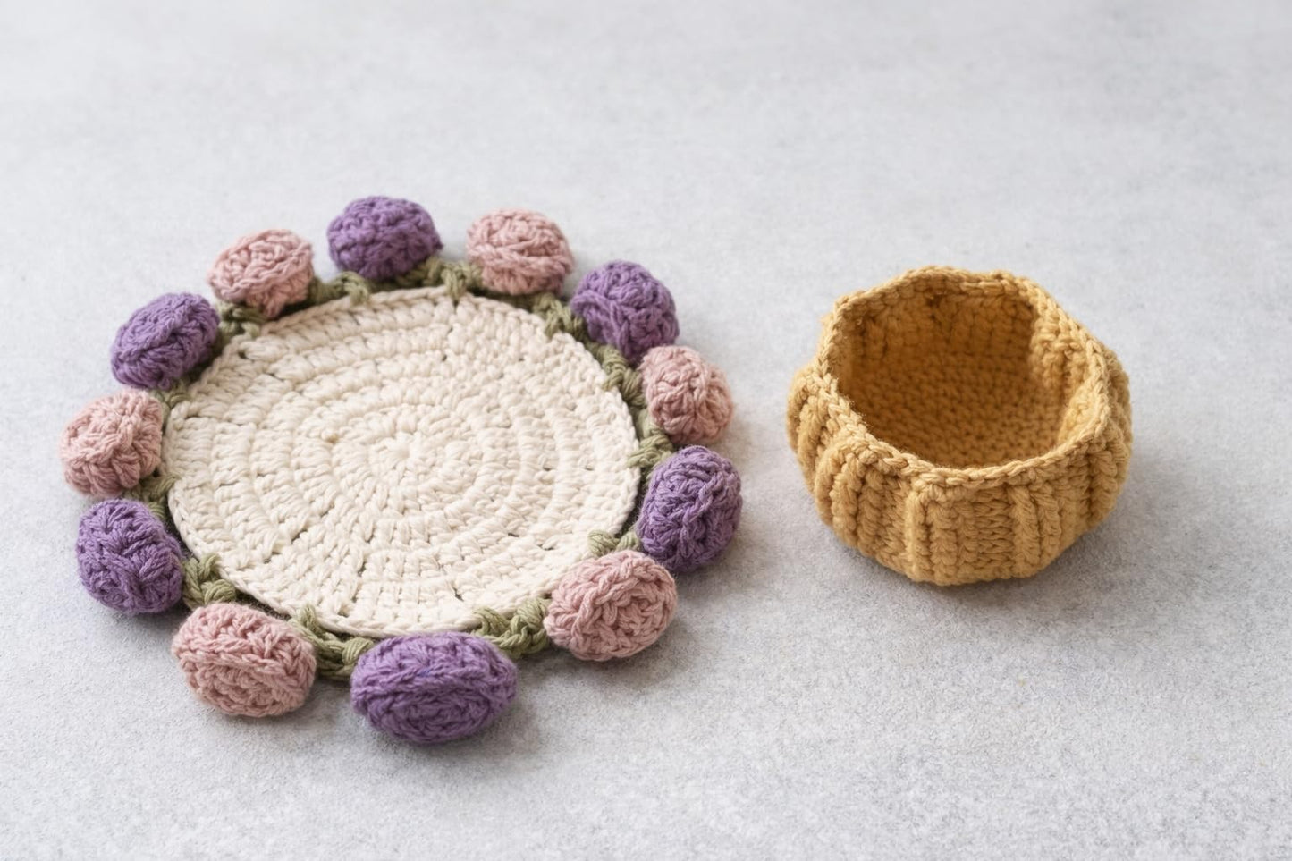 Handmade Crochet Coaster Set with Mini Basket | Boho Floral Rose Coasters for Coffee Table, Wedding Gift, Housewarming & Birthday Décor (Pattern 2)