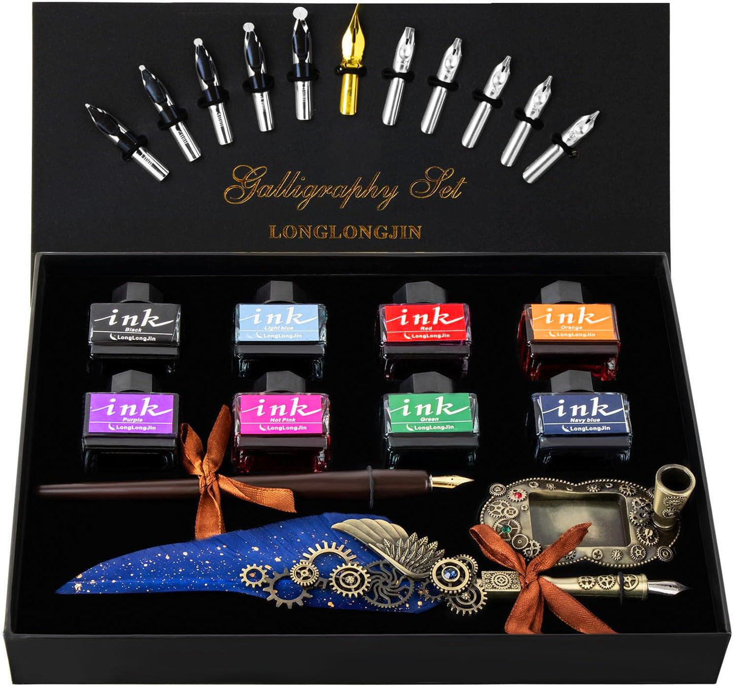 LongLongJin Calligraphy Pens and Ink Set - Calligraphy Kits for Beginners,Quill Pen Includes Dip Pen,8*Colors Ink,11*Calligraphy Pen Nibs（Blue）