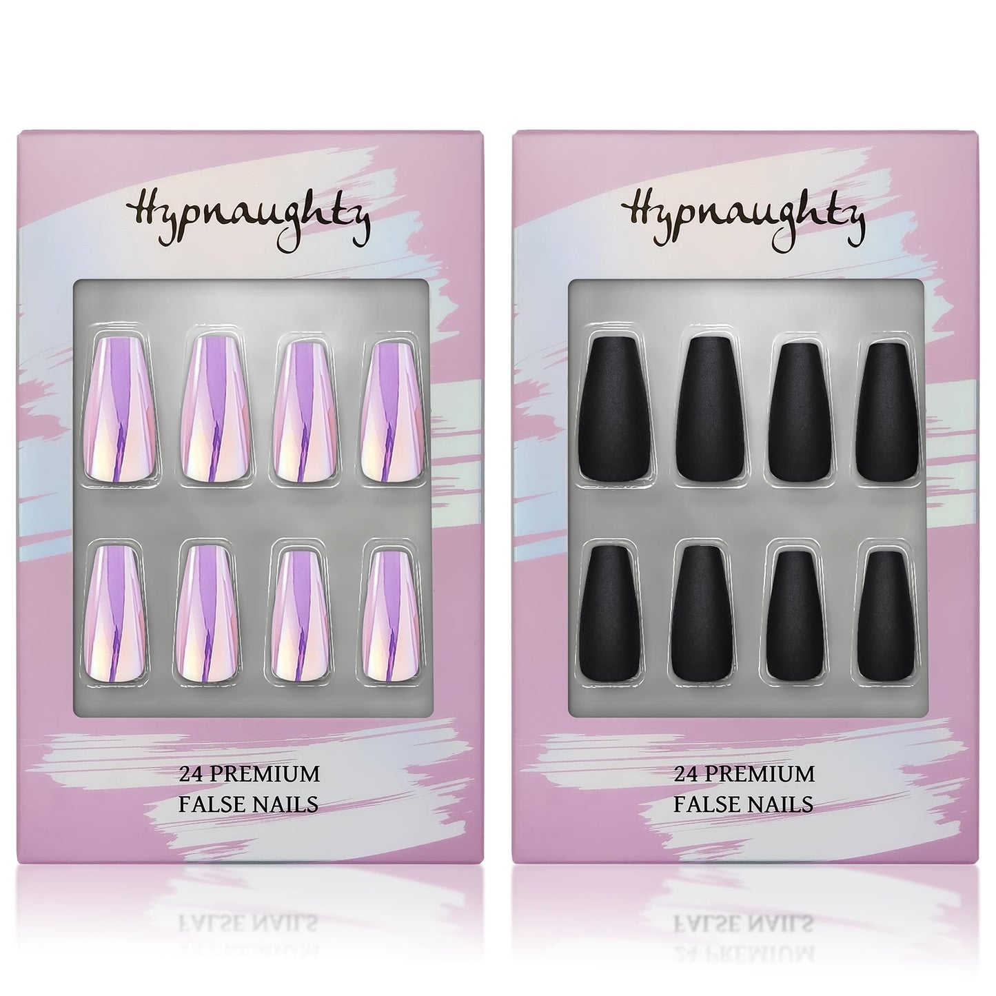 Hypnaughty Press On Nails - Party Star Chrome & Noir Matte Coffin, Trendy & Salon Quality Reusable Nails With Kit