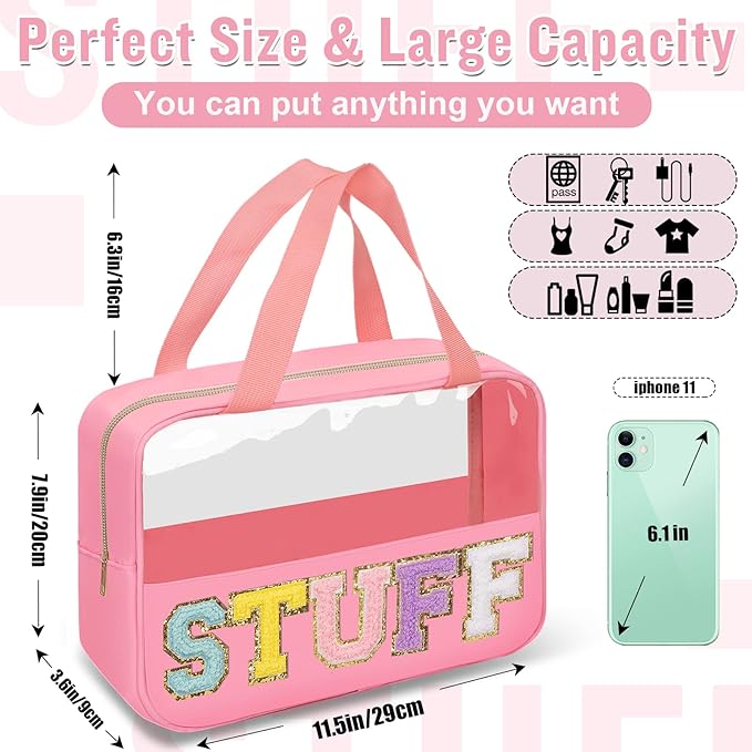 Preppy Clear Stuff Makeup Bags with Chenille Letter Patches, Travel Essentials Large Clear Make up Bag Zipper Pouch with Handle, Waterproof Nylon Cosmetic Toiletry Storage Tote for Women (STUFF-Pink)