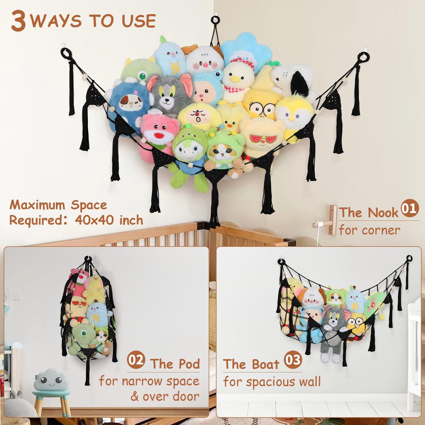 Stuffed Animal Storage Hammock Corner, 57 Inch Large No Drilling Handcrafted Stuffed Animal Net, Natural 100% Cotton Boho Macrame Toy Hammock Stuffed Animal Organizer for Kid Room Nursery Decor(Black)