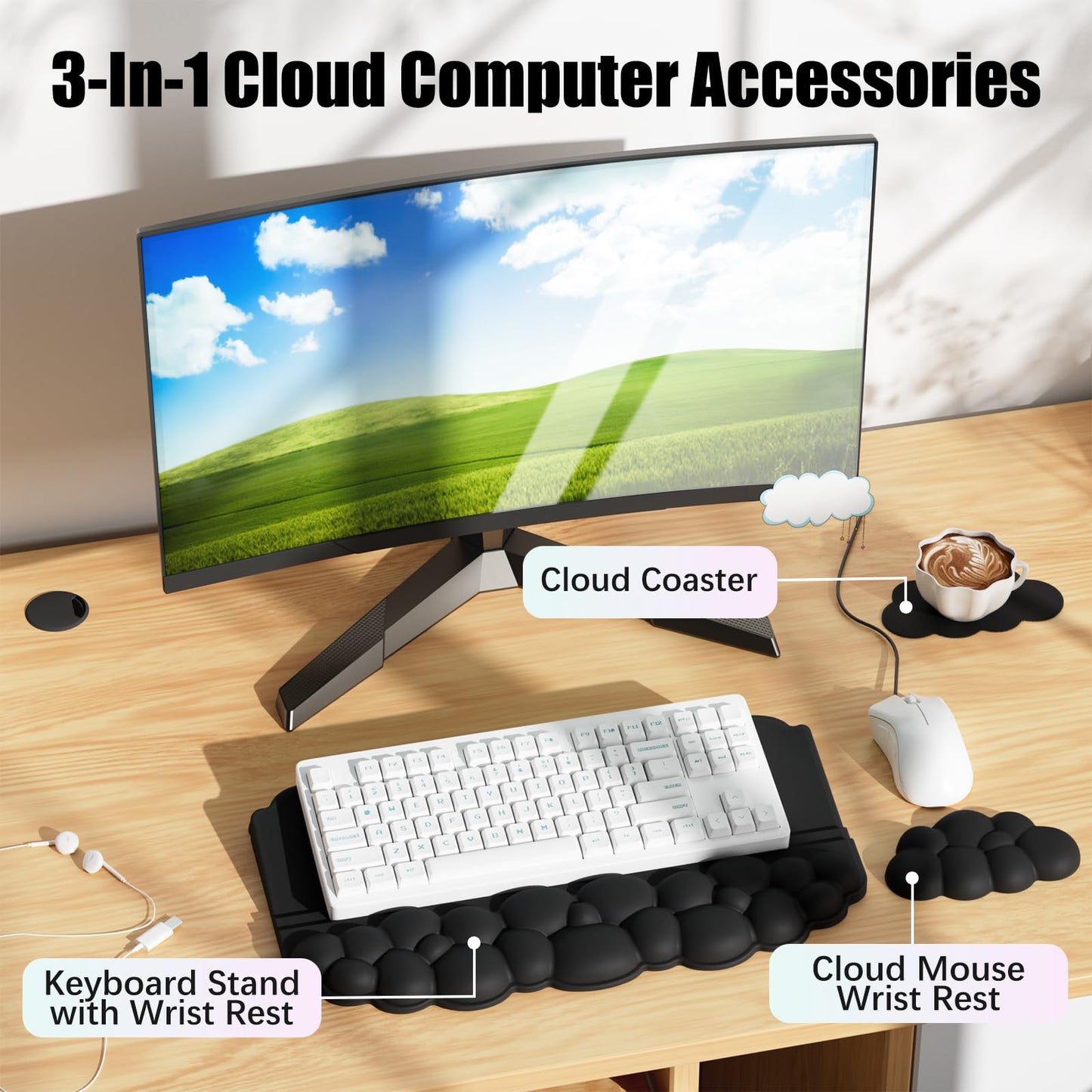 Ergonomic Wrist Rest for Keyboard and Mouse, Soft Memory Foam Cloud Keyboard Stand Pad with Wrist Rest Set with Non-Slip Silicone Base, Easy Typing, Pain Relief, Comfort for Office, Work, Gaming Black