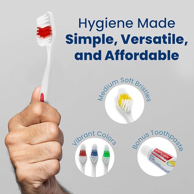 100 Toothbrushes Bulk Wholesale Quantity Standard Size, Dental Care Toiletries, Medium Soft Bristles, Individually Wrapped, Homeless Care, Disposable Use, Hotels, Travel