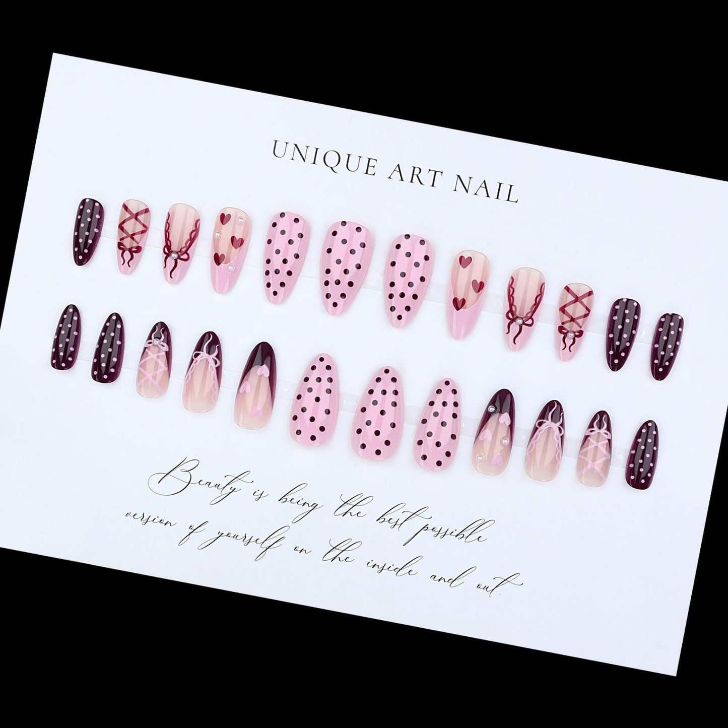 octoswave Press on Nails Medium Almond Fake Nails Cute French Artificial Nail Sweet Love and Bow Stick on Nail for Women 24pcs