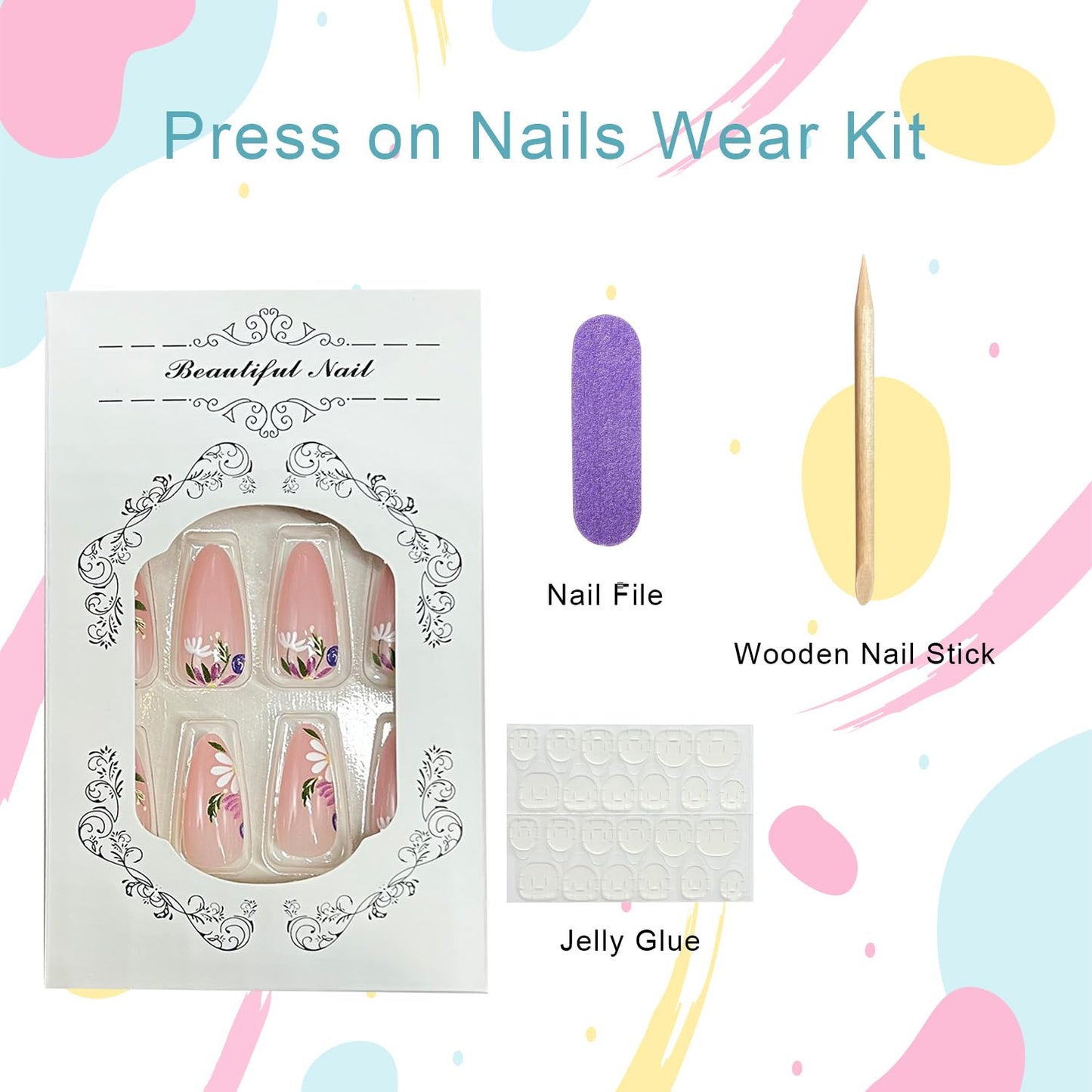 Flower Press on Nails Medium Almond Fake Nails with Daisy Designs Spring False Nail Full Cover Glossy Artificial Fingernails Floral Stick on Nail for Women 24Pcs